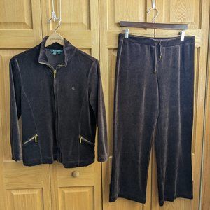 Lauren Ralph Lauren Dark Brown Velvet Zipper Jacket pants Set M /PL